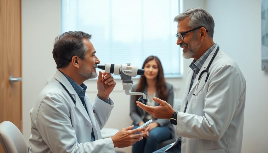 A clinical examination room with natural lighting, showcasing a doctor performing a comprehensive evaluation of a patient's ear, including the use of specialized medical equipment such as an otoscope and audiometer. The patient appears relaxed and engaged, as the doctor explains the diagnostic process in a caring and professional manner. The room is clean, organized, and conveys a sense of trust and expertise, setting the stage for an effective treatment plan to address the patient's ear ringing condition. A clinical examination room with natural lighting, showcasing a doctor performing a comprehensive evaluation of a patient's ear, including the use of specialized medical equipment such as an otoscope and audiometer. The patient appears relaxed and engaged, as the doctor explains the diagnostic process in a caring and professional manner. The room is clean, organized, and conveys a sense of trust and expertise, setting the stage for an effective treatment plan to address the patient's ear ringing condition.