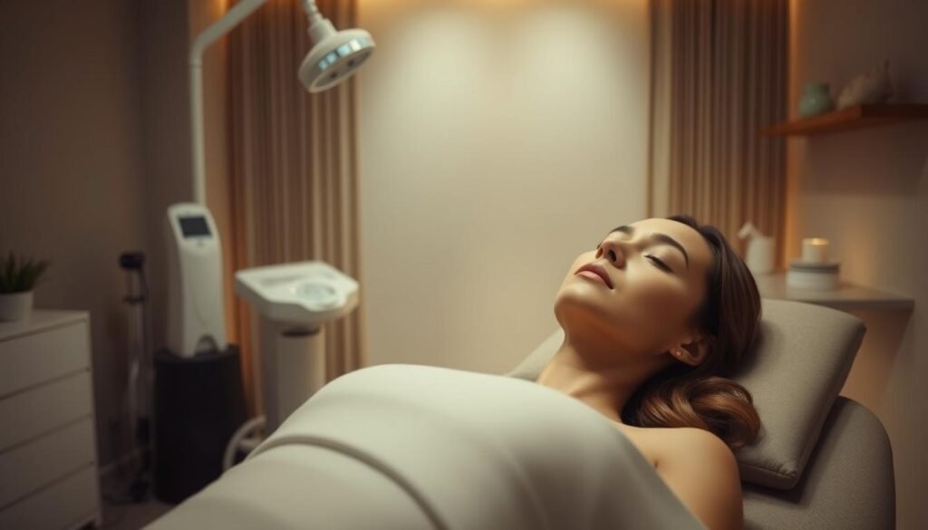A comfortable, minimalist studio setting showcasing a woman relaxing during an Oligio X 原美電波 skin treatment. Soft, indirect lighting casts a warm, tranquil glow across the scene. The woman reclines on a plush, upholstered treatment bed, her expression serene as she experiences the Glowin' Beaute therapy. Muted tones of gray, white, and beige create a calming, spa-like ambiance. The foreground focuses on the woman's face and upper body, while the background features subtle, out-of-focus elements like medical equipment and decor, suggesting a professional, high-end clinic environment. A comfortable, minimalist studio setting showcasing a woman relaxing during an Oligio X 原美電波 skin treatment. Soft, indirect lighting casts a warm, tranquil glow across the scene. The woman reclines on a plush, upholstered treatment bed, her expression serene as she experiences the Glowin' Beaute therapy. Muted tones of gray, white, and beige create a calming, spa-like ambiance. The foreground focuses on the woman's face and upper body, while the background features subtle, out-of-focus elements like medical equipment and decor, suggesting a professional, high-end clinic environment.