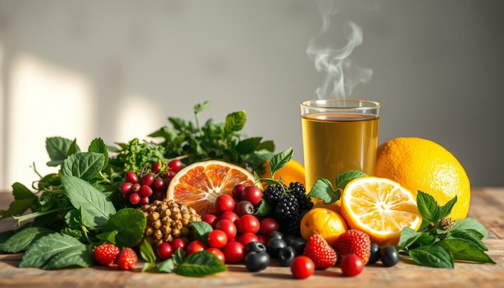 A delicate still life showcasing various natural remedies for inner ear imbalance. In the foreground, an array of leafy herbs, berries, and citrus fruits carefully arranged on a wooden table. Soft, natural lighting casts a warm glow, highlighting the vibrant colors and textures. In the middle ground, a glass of herbal tea steams gently, symbolizing the soothing, restorative properties of the ingredients. The background features a simple, neutral backdrop, allowing the natural elements to take center stage. The overall composition conveys a sense of balance, harmony, and holistic wellness - the key to resolving inner ear imbalance through dietary adjustments. A delicate still life showcasing various natural remedies for inner ear imbalance. In the foreground, an array of leafy herbs, berries, and citrus fruits carefully arranged on a wooden table. Soft, natural lighting casts a warm glow, highlighting the vibrant colors and textures. In the middle ground, a glass of herbal tea steams gently, symbolizing the soothing, restorative properties of the ingredients. The background features a simple, neutral backdrop, allowing the natural elements to take center stage. The overall composition conveys a sense of balance, harmony, and holistic wellness - the key to resolving inner ear imbalance through dietary adjustments.