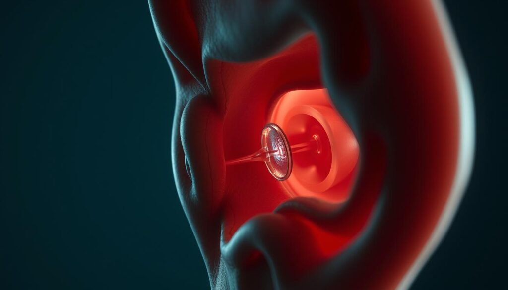 A detailed interior study of a human ear, meticulously rendered in a photorealistic style with a focus on the delicate structures of the inner ear. The scene is illuminated by soft, natural-looking lighting from the side, casting subtle shadows and highlights that accentuate the three-dimensional form. The camera is positioned at eye level, providing a close-up, almost surgical view of the ear's intricate anatomy, including the semicircular canals, cochlea, and other key components involved in balance and hearing. The overall mood is one of clinical precision and scientific inquiry, inviting the viewer to closely examine the underlying mechanisms of an ear's water imbalance and associated symptoms. A detailed interior study of a human ear, meticulously rendered in a photorealistic style with a focus on the delicate structures of the inner ear. The scene is illuminated by soft, natural-looking lighting from the side, casting subtle shadows and highlights that accentuate the three-dimensional form. The camera is positioned at eye level, providing a close-up, almost surgical view of the ear's intricate anatomy, including the semicircular canals, cochlea, and other key components involved in balance and hearing. The overall mood is one of clinical precision and scientific inquiry, inviting the viewer to closely examine the underlying mechanisms of an ear's water imbalance and associated symptoms.