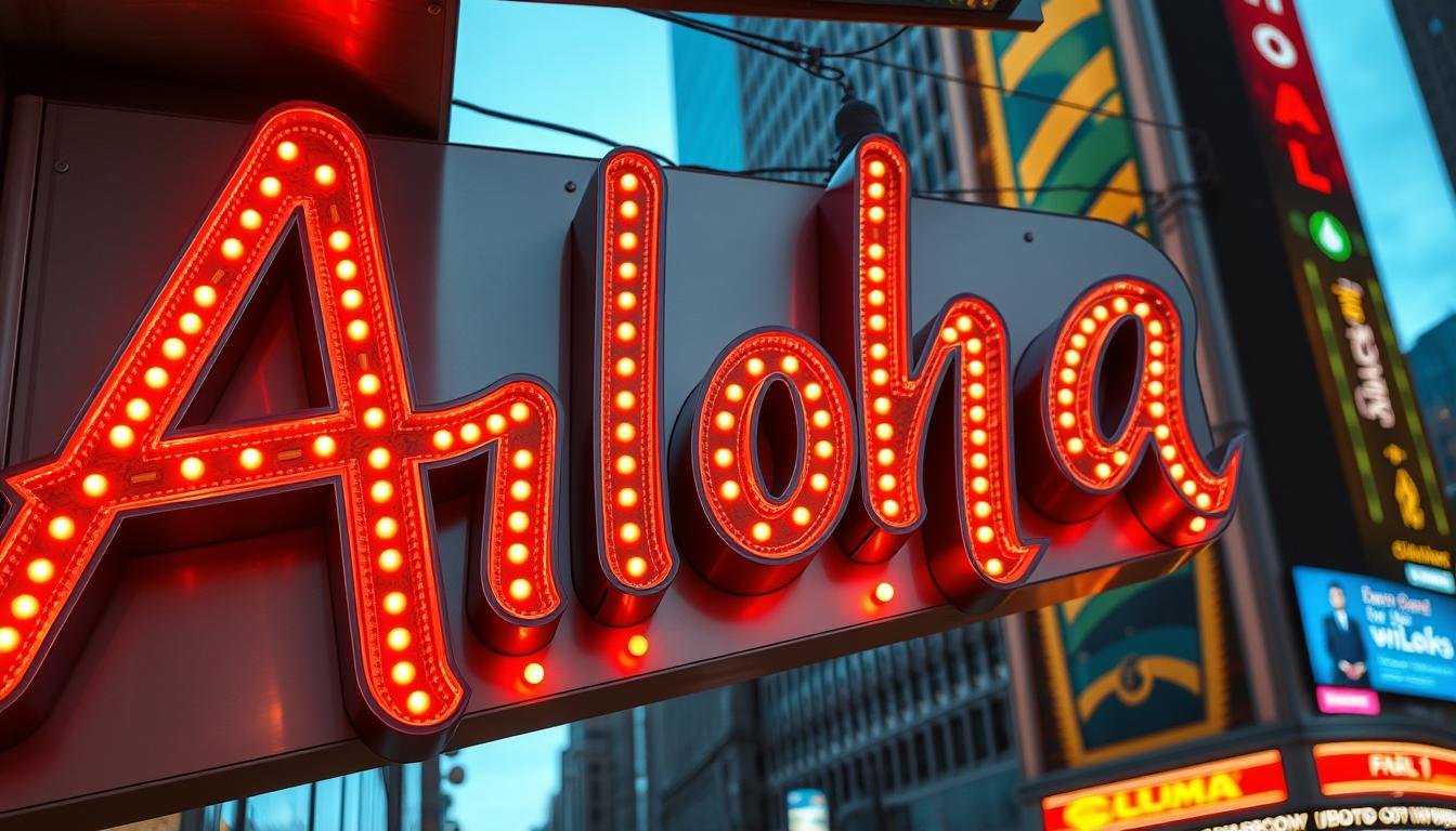 A detailed, neon-lit signage for the Aloha brand, capturing the essence of outdoor advertising. The sign features bold, vibrant lettering against a sleek, metallic background, illuminated by a warm, ambient glow. The design showcases intricate patterns and textures, creating a visually striking and eye-catching display. The sign is positioned in a bustling urban setting, with the cityscape visible in the background, conveying a sense of modernity and commercial activity. Captured from a low, angled perspective to emphasize the grandeur and scale of the advertisement, the image conveys the powerful impact of effective outdoor branding.