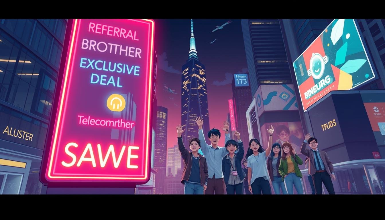 A hidden gem of savings, the "Telecombrother Referral Reward" program unveils a transformative telecom offer. Set against a dynamic cityscape, a stylized illustration depicts the essence of this exclusive deal. In the foreground, a vibrant neon sign beckons, its fluorescent glow illuminating the scene. In the middle ground, a group of figures gestures enthusiastically, their faces radiating excitement. The background showcases the sleek, modern architecture of a bustling urban landscape, hinting at the sophisticated nature of this coveted telecom offer. Captured with a wide-angle lens, the image conveys a sense of depth and grandeur, inviting the viewer to uncover the hidden secrets of this remarkable "Telecombrother" promotion.