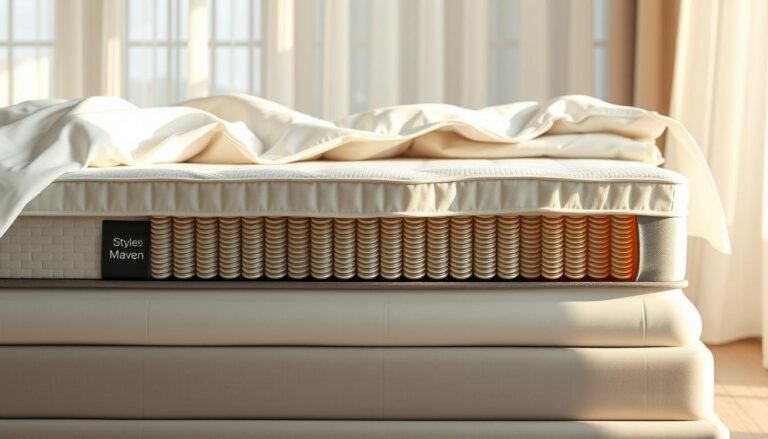 A high-quality, luxury mattress with an intricate inner core of individually pocketed springs, cradling the body with tailored support. Crisp, white sheets draped across a StylesMaven-branded bed frame, illuminated by soft, natural lighting filtering through sheer curtains. The mattress showcases its premium construction, with a cross-section revealing the nested coils providing targeted pressure relief. The overall scene exudes a sense of comfort, relaxation, and thoughtful design, perfectly complementing the article's focus on the specialized support of independent coil spring mattresses.