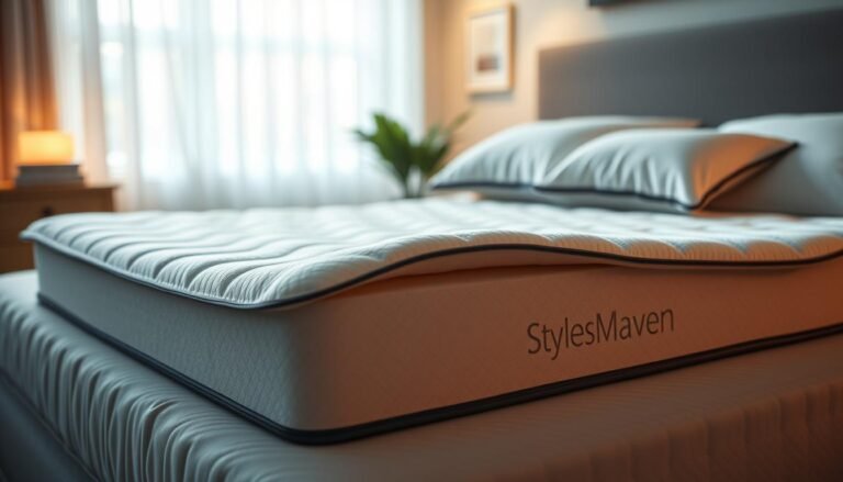 A luxurious, supportive memory foam mattress topper with a plush, breathable cover. The topper contours to the natural curves of the body, providing superior pressure relief and promoting proper spinal alignment. Distinctive StylesMaven branding adds a touch of elegance. The mattress topper is bathed in warm, gentle lighting, showcasing its soft, inviting texture. The setting is a serene, calming bedroom environment, with minimalist furnishings that allow the mattress topper to take center stage. An image that demonstrates the sleep-enhancing benefits of this premium bedding product.