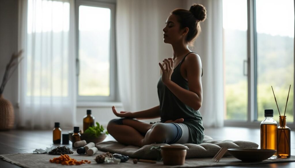 A serene, dimly lit room with natural light filtering through a window. In the foreground, a person sits cross-legged on a meditation cushion, eyes closed, hands in a mudra. Surrounding them, an array of natural remedies such as herbs, essential oils, and acupuncture needles. In the background, a soft, blurred view of a lush, green landscape, suggesting the connection between mind, body, and nature. The overall mood is one of tranquility, focus, and holistic healing, capturing the essence of non-pharmacological tinnitus treatment. A serene, dimly lit room with natural light filtering through a window. In the foreground, a person sits cross-legged on a meditation cushion, eyes closed, hands in a mudra. Surrounding them, an array of natural remedies such as herbs, essential oils, and acupuncture needles. In the background, a soft, blurred view of a lush, green landscape, suggesting the connection between mind, body, and nature. The overall mood is one of tranquility, focus, and holistic healing, capturing the essence of non-pharmacological tinnitus treatment.