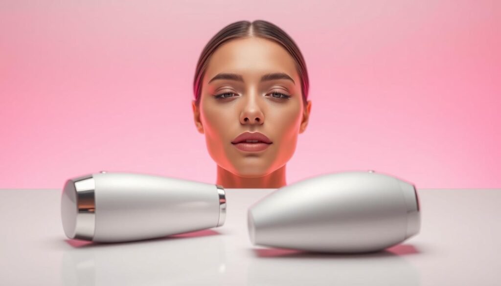 A sleek, modern skincare device from the Glowin' Beaute brand, the Oligio X emits gentle radio frequency waves to tighten and firm the skin. In the foreground, the device rests on a pristine white surface, its minimalist design and metallic accents reflecting a soft, even lighting. The middle ground features a close-up view of a youthful, glowing face with visibly improved skin texture and contours. In the background, a soothing gradient of pastel hues evokes a sense of tranquility and relaxation, creating an immersive and therapeutic atmosphere for the skin rejuvenation treatment. A sleek, modern skincare device from the Glowin' Beaute brand, the Oligio X emits gentle radio frequency waves to tighten and firm the skin. In the foreground, the device rests on a pristine white surface, its minimalist design and metallic accents reflecting a soft, even lighting. The middle ground features a close-up view of a youthful, glowing face with visibly improved skin texture and contours. In the background, a soothing gradient of pastel hues evokes a sense of tranquility and relaxation, creating an immersive and therapeutic atmosphere for the skin rejuvenation treatment.