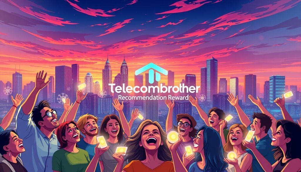 A vibrant and modern illustration depicting the "Telecombrother Recommendation Reward" program. In the foreground, a group of diverse people enthusiastically celebrating and receiving rewards, their faces filled with joy. In the middle ground, a sleek and stylish Telecombrother logo stands prominently, surrounded by glowing visual effects. The background features a dynamic cityscape with skyscrapers and a vibrant sunset sky, conveying a sense of progress and achievement. The lighting is warm and inviting, creating a mood of positivity and success. The composition is balanced and visually striking, capturing the essence of the Telecombrother's recommendation reward program.