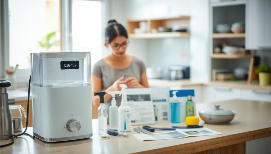 A well-lit kitchen counter, with a sleek, modern-looking water purifier in the foreground. The purifier has a digital display indicating an error code, with a concerned-looking homemaker examining it closely. In the middle ground, various cleaning tools and manuals are neatly arranged, suggesting the user's troubleshooting process. The background shows a tidy, well-organized kitchen, with natural light streaming in through a window, creating a warm, inviting atmosphere. The overall scene conveys a sense of problem-solving and self-reliance, capturing the essence of the "常見淨水器問題排除指南" section. A well-lit kitchen counter, with a sleek, modern-looking water purifier in the foreground. The purifier has a digital display indicating an error code, with a concerned-looking homemaker examining it closely. In the middle ground, various cleaning tools and manuals are neatly arranged, suggesting the user's troubleshooting process. The background shows a tidy, well-organized kitchen, with natural light streaming in through a window, creating a warm, inviting atmosphere. The overall scene conveys a sense of problem-solving and self-reliance, capturing the essence of the "常見淨水器問題排除指南" section.