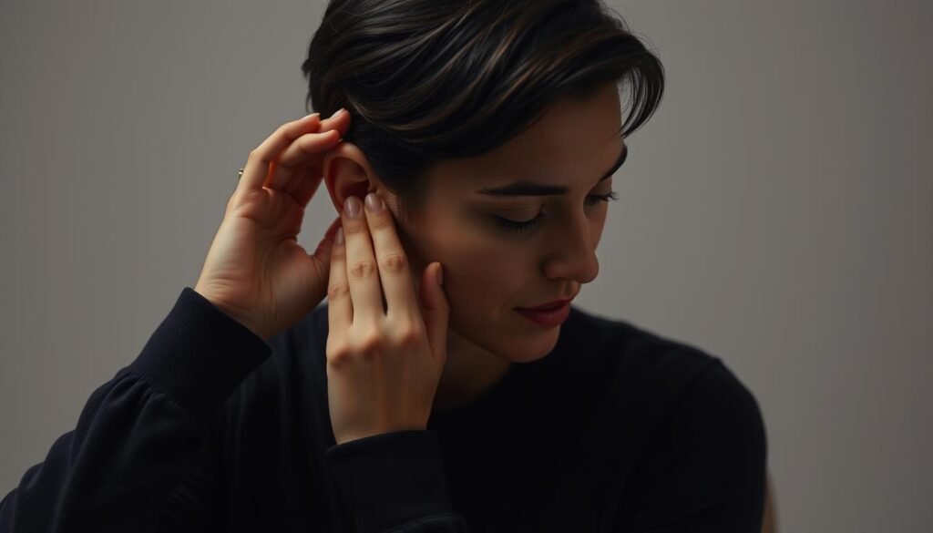 A well-lit studio shot of a person sitting on a chair, performing a series of ear massage techniques with their hands. The subject's facial expression conveys deep focus and concentration. The background is a plain, neutral color that allows the subject to stand out. Carefully positioned lighting highlights the intricate finger movements and the contours of the ear. The camera angle is slightly elevated, capturing the subject's hands and face in a harmonious, balanced composition. The overall mood is one of serene, therapeutic attention to detail, reflecting the restorative nature of the ear balancing exercises. A well-lit studio shot of a person sitting on a chair, performing a series of ear massage techniques with their hands. The subject's facial expression conveys deep focus and concentration. The background is a plain, neutral color that allows the subject to stand out. Carefully positioned lighting highlights the intricate finger movements and the contours of the ear. The camera angle is slightly elevated, capturing the subject's hands and face in a harmonious, balanced composition. The overall mood is one of serene, therapeutic attention to detail, reflecting the restorative nature of the ear balancing exercises.
