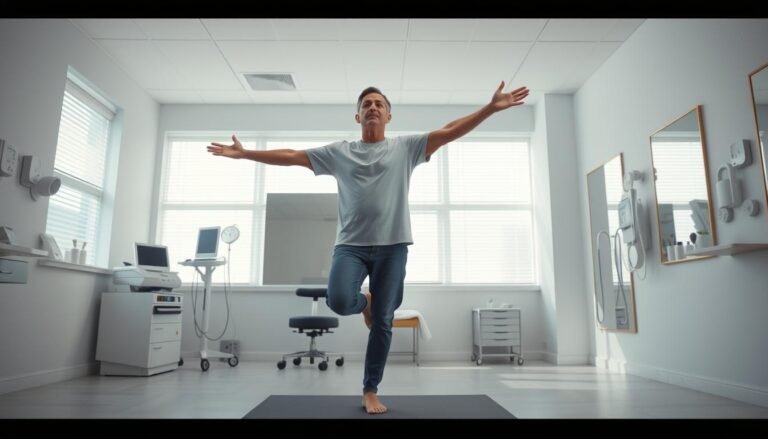Detailed illustration of a person performing balance recovery exercises in a clinical setting. Bright, airy medical room with natural lighting. Patient standing on one leg, arms extended, focused expression, undergoing vestibular rehabilitation therapy to regain equilibrium after inner ear imbalance. Mid-shot capturing their full body, showcasing core engagement and proper posture. Soft, calming color palette with accents of medical equipment, mirrors, and physical therapy tools in the background, creating a sense of therapeutic environment. Crisp, clean aesthetic conveying professionalism and expertise in treating balance disorders.