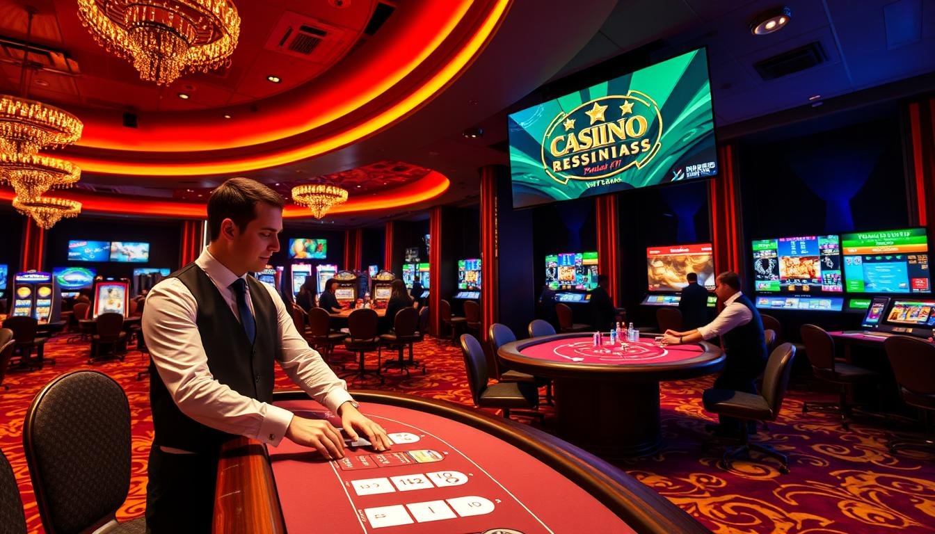 Generate an image of a live casino with professional dealers and high-definition video streaming.