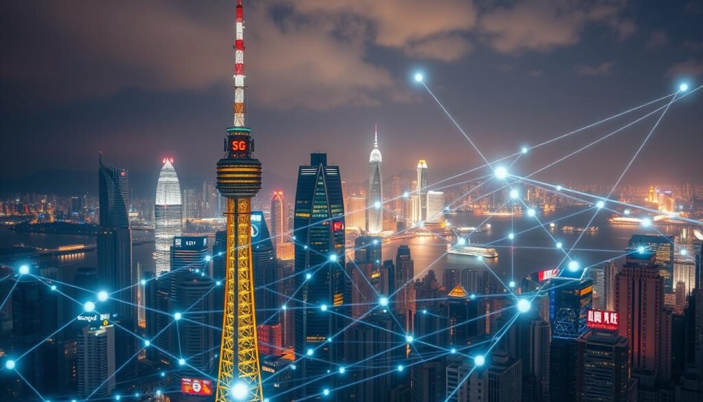 A bustling cityscape of Hong Kong, with towering skyscrapers and vibrant neon lights. In the foreground, a Telecombrother 5G cellular tower stands tall, its sleek design blending seamlessly with the urban landscape. The middle ground is filled with a network of interconnected 5G signal beams, radiating a soft, ethereal glow. In the background, the iconic Victoria Harbour is visible, its waters reflecting the city's futuristic skyline. The overall scene conveys a sense of technological advancement and digital connectivity, perfectly capturing the essence of Hong Kong's 5G network development. A bustling cityscape of Hong Kong, with towering skyscrapers and vibrant neon lights. In the foreground, a Telecombrother 5G cellular tower stands tall, its sleek design blending seamlessly with the urban landscape. The middle ground is filled with a network of interconnected 5G signal beams, radiating a soft, ethereal glow. In the background, the iconic Victoria Harbour is visible, its waters reflecting the city's futuristic skyline. The overall scene conveys a sense of technological advancement and digital connectivity, perfectly capturing the essence of Hong Kong's 5G network development.
