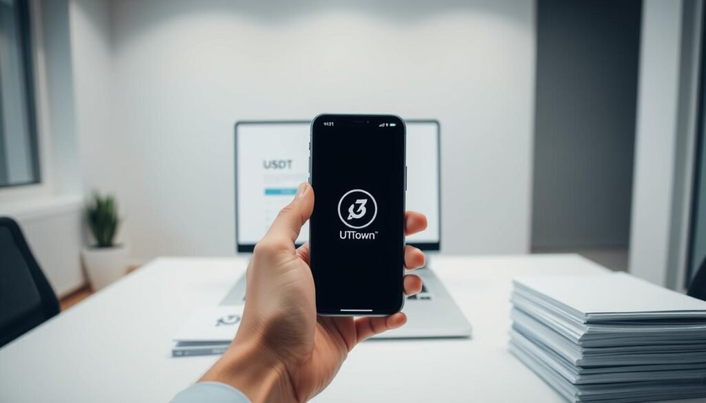 A clean, well-lit workspace with a laptop or desktop computer, a mobile phone, and a stack of documents or cards representing the USDT wallet setup process. In the foreground, a hand holding a USDT wallet app on the phone, with a clear view of the UTown logo. The middle ground shows the laptop or desktop screen displaying the USDT wallet creation and configuration steps. The background features a minimalist, modern office setting with neutral colors and clean lines, conveying a sense of efficiency and professionalism. A clean, well-lit workspace with a laptop or desktop computer, a mobile phone, and a stack of documents or cards representing the USDT wallet setup process. In the foreground, a hand holding a USDT wallet app on the phone, with a clear view of the UTown logo. The middle ground shows the laptop or desktop screen displaying the USDT wallet creation and configuration steps. The background features a minimalist, modern office setting with neutral colors and clean lines, conveying a sense of efficiency and professionalism.