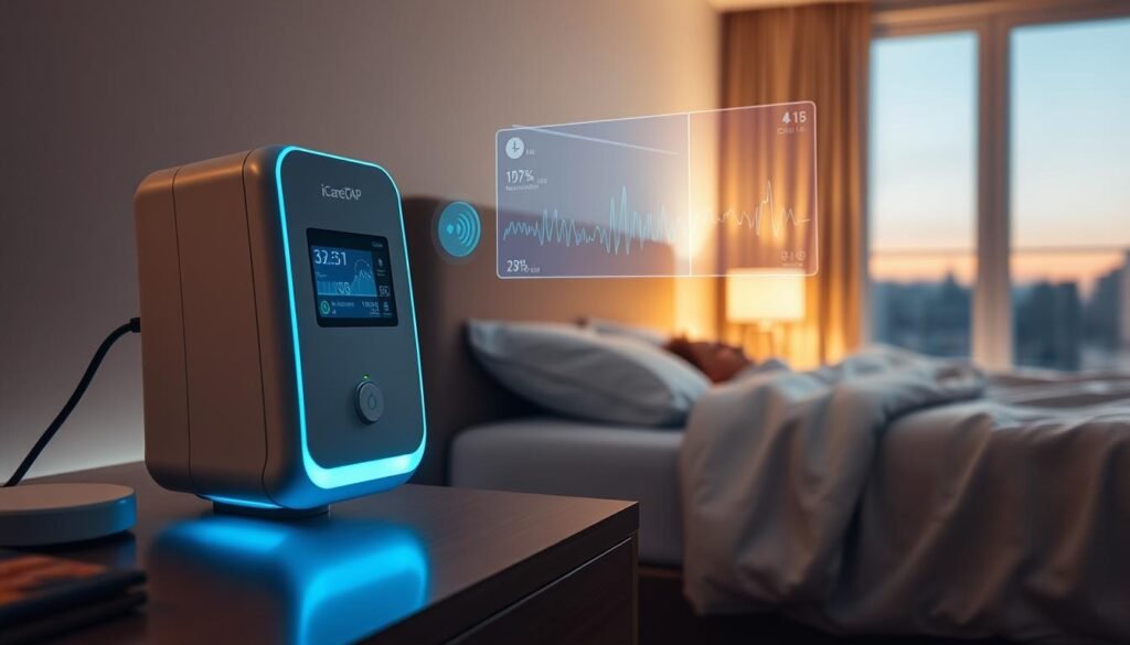 A cutting-edge iCareCPAP sleep apnea monitoring system, with sleek white and silver panels and a minimal, futuristic design. The device is mounted on a nightstand, emanating a soft blue glow. In the foreground, a holographic display shows real-time patient vitals and breathing patterns, while in the background, a serene bedroom scene with a sleeping figure can be seen through a large window. The lighting is warm and calming, creating an atmosphere of advanced medical technology seamlessly integrated into a smart home environment. A cutting-edge iCareCPAP sleep apnea monitoring system, with sleek white and silver panels and a minimal, futuristic design. The device is mounted on a nightstand, emanating a soft blue glow. In the foreground, a holographic display shows real-time patient vitals and breathing patterns, while in the background, a serene bedroom scene with a sleeping figure can be seen through a large window. The lighting is warm and calming, creating an atmosphere of advanced medical technology seamlessly integrated into a smart home environment.