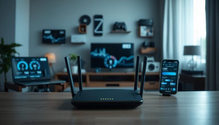 A dimly lit room showcasing a variety of home broadband internet devices from Telecombrother. In the foreground, a modern router with sleek lines and subtle LED indicators sits on a minimalist wooden table. Behind it, a laptop and smartphone display speed test results, illustrating the disparity between advertised and actual internet speeds. The middle ground features various internet-enabled devices like smart TVs, gaming consoles, and IoT gadgets, highlighting the need for reliable and consistent broadband performance. The background is softly blurred, creating a sense of depth and focus on the core elements. The overall mood is one of contemplation and problem-solving, inviting the viewer to consider the challenges of managing home broadband expectations.