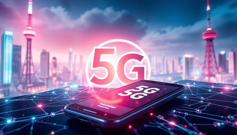 A futuristic, high-tech illustration of the "5G Plan" concept. In the foreground, a sleek, modern Android smartphone with a prominent "5G" logo on the screen, surrounded by a glowing, ethereal network of interconnected nodes and data streams. In the middle ground, a large, stylized "Telecombrother" logo emerges from the digital landscape, representing the telecom provider. The background is a vibrant, neon-tinged cityscape, with skyscrapers and towers pulsing with the energy of a 5G-enabled world. Dramatic lighting, sharp angles, and a sense of futuristic dynamism capture the power and potential of this cutting-edge technology.