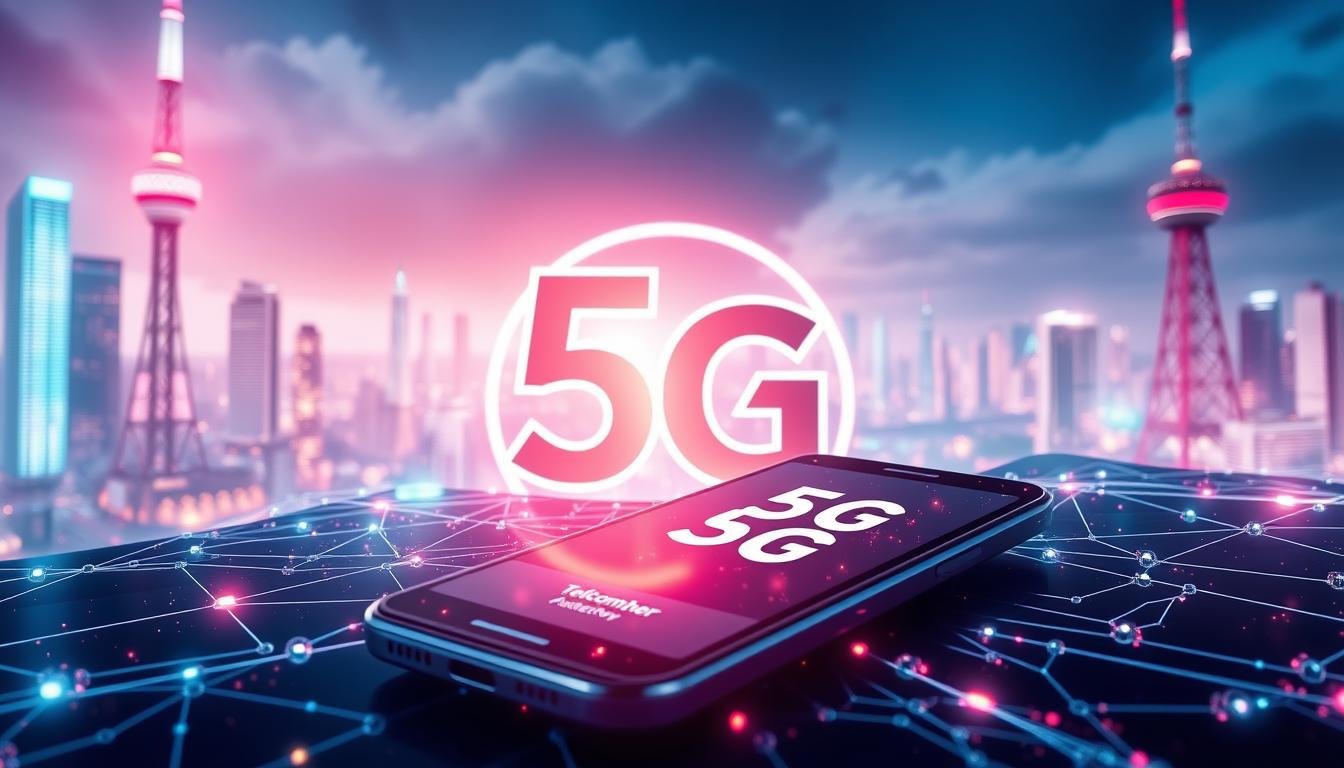 A futuristic, high-tech illustration of the "5G Plan" concept. In the foreground, a sleek, modern Android smartphone with a prominent "5G" logo on the screen, surrounded by a glowing, ethereal network of interconnected nodes and data streams. In the middle ground, a large, stylized "Telecombrother" logo emerges from the digital landscape, representing the telecom provider. The background is a vibrant, neon-tinged cityscape, with skyscrapers and towers pulsing with the energy of a 5G-enabled world. Dramatic lighting, sharp angles, and a sense of futuristic dynamism capture the power and potential of this cutting-edge technology.