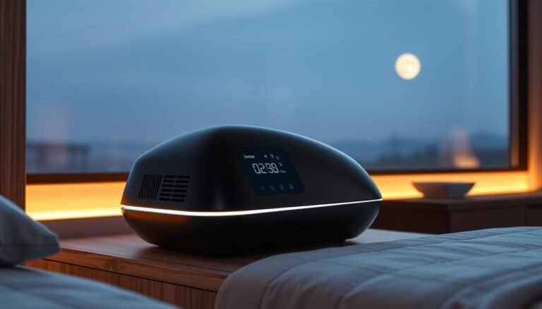 A futuristic, sleek iCareCPAP sleep apnea machine seamlessly integrated into a modern, minimalist smart home setup. The device rests on a bedside table, its smooth, matte black surfaces contrasting with the warm, natural wood tones of the surroundings. Soft, diffused lighting illuminates the machine, highlighting its intuitive control panel and discreet air vents. In the background, a large window offers a panoramic view of a serene, moonlit landscape, creating a calming, tranquil atmosphere. The iCareCPAP's intelligent sensors and connectivity enable it to synchronize with other smart home devices, optimizing the user's sleep environment for maximum comfort and health benefits.