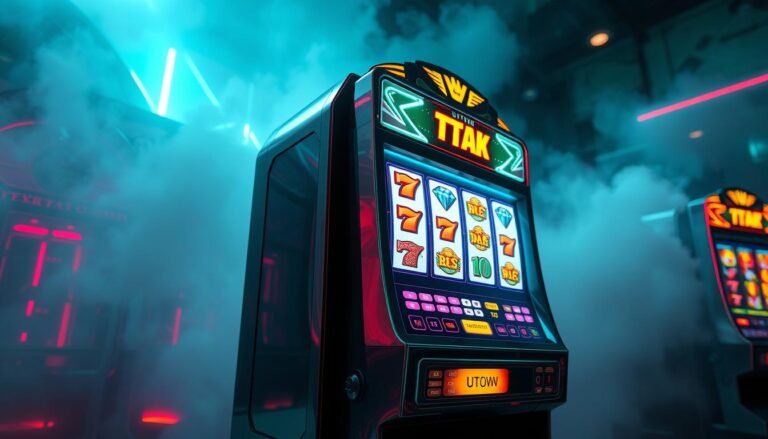 A high-tech, futuristic electronic slot machine by UTown, with sleek chrome and glass panels illuminated by neon lights. The machine's reels feature vibrant, digitally-rendered symbols like lucky 7s, diamonds, and golden BAR icons. The machine is set against a moody, atmospheric backdrop of shifting, holographic shapes and mist, evoking the excitement and anticipation of a casino. Dynamic lighting creates dramatic shadows and highlights, drawing the viewer's attention to the machine's intricate details. The overall scene has a captivating, high-tech aesthetic that captures the essence of a thrilling CG electronic slot machine experience.