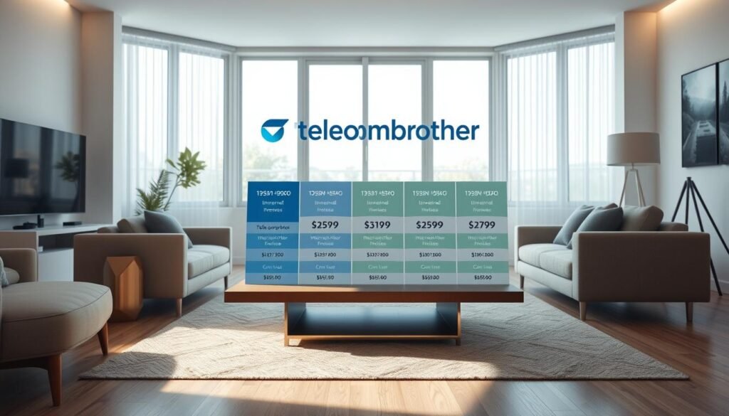 A minimalist, modern interior design layout showcasing a Telecombrother home broadband setup. The scene features a clean, well-lit room with large windows, modern furnishings, and a central coffee table displaying various internet service plan options. The foreground emphasizes the Telecombrother branding and plan details, while the background subtly hints at the different pricing tiers and hidden fees associated with each package. The overall atmosphere is one of informative clarity, inviting the viewer to compare and evaluate the Telecombrother broadband plans.