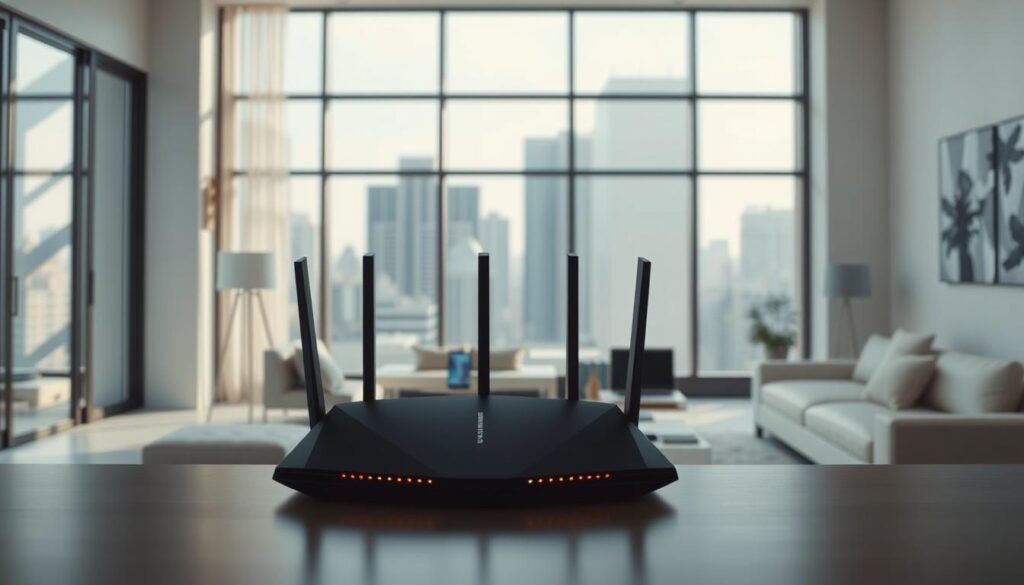 A modern, sleek living room interior with a large window, allowing natural light to flood the space. In the foreground, a Telecombrother router stands prominently, its angular design and LED indicators contrasting against the muted color palette. The middle ground features various connected devices, such as laptops, tablets, and smartphones, highlighting the home's high-speed internet connectivity. The background showcases a cityscape through the window, suggesting an urban setting. The lighting is soft and diffused, creating a calm and inviting atmosphere. The overall composition conveys the theme of "家居寬頻比較" and the discrepancy between advertised and actual internet speeds.