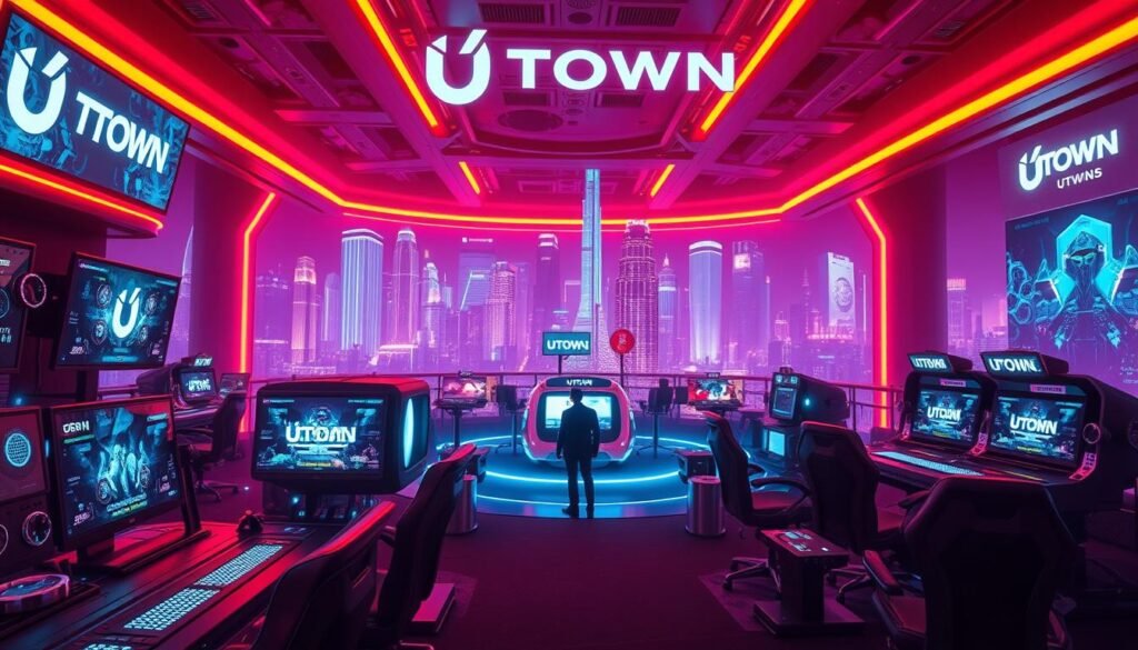 A neon-lit, futuristic online gaming arena showcasing the UTown brand. In the foreground, sleek gaming stations with holographic displays and advanced control interfaces. The middle ground features high-tech gaming pods and immersive virtual reality stations. The background is a panoramic cityscape of skyscrapers and holograms, bathed in a vibrant, cyberpunk-inspired lighting scheme. The overall atmosphere conveys a sense of cutting-edge technology, digital innovation, and an elevated gaming experience tailored for the international online gaming enthusiast. A neon-lit, futuristic online gaming arena showcasing the UTown brand. In the foreground, sleek gaming stations with holographic displays and advanced control interfaces. The middle ground features high-tech gaming pods and immersive virtual reality stations. The background is a panoramic cityscape of skyscrapers and holograms, bathed in a vibrant, cyberpunk-inspired lighting scheme. The overall atmosphere conveys a sense of cutting-edge technology, digital innovation, and an elevated gaming experience tailored for the international online gaming enthusiast.