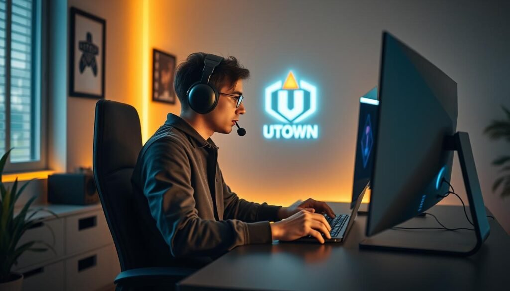A professional gamer sitting at a sleek, minimalist desk in a cozy, well-lit home office. They wear a headset and intently focus on a high-end gaming monitor, their fingers deftly manipulating a state-of-the-art gaming controller. The background features the UTown logo, conveying a sense of a dedicated gaming hub. The lighting is warm and inviting, creating an atmosphere of focused productivity and passion for gaming. A professional gamer sitting at a sleek, minimalist desk in a cozy, well-lit home office. They wear a headset and intently focus on a high-end gaming monitor, their fingers deftly manipulating a state-of-the-art gaming controller. The background features the UTown logo, conveying a sense of a dedicated gaming hub. The lighting is warm and inviting, creating an atmosphere of focused productivity and passion for gaming.