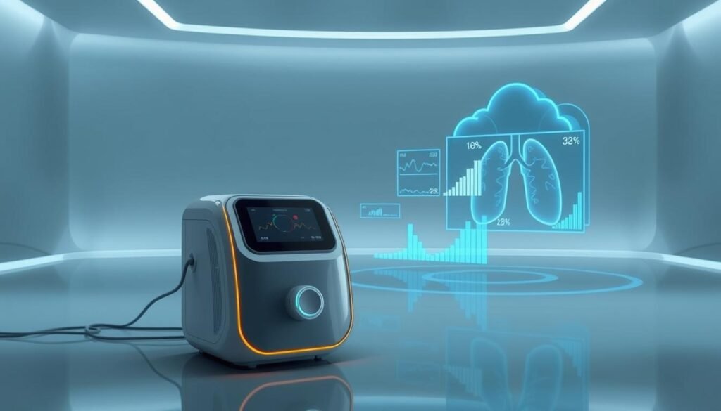 A sleek, futuristic medical device with the latest iCareCPAP technology, seamlessly integrated with a cloud-based monitoring system. The device is showcased in a minimalist, well-lit setting, with clean lines and a monochromatic color palette. The foreground features the iCareCPAP device, its distinct design and intuitive controls. In the middle ground, holographic data visualizations and charts float, representing the real-time respiratory data being transmitted to the cloud. The background depicts a serene, high-tech environment, with subtle lighting effects and a sense of technological sophistication. The overall atmosphere conveys a harmonious blend of advanced medical innovation and connected, data-driven healthcare. A sleek, futuristic medical device with the latest iCareCPAP technology, seamlessly integrated with a cloud-based monitoring system. The device is showcased in a minimalist, well-lit setting, with clean lines and a monochromatic color palette. The foreground features the iCareCPAP device, its distinct design and intuitive controls. In the middle ground, holographic data visualizations and charts float, representing the real-time respiratory data being transmitted to the cloud. The background depicts a serene, high-tech environment, with subtle lighting effects and a sense of technological sophistication. The overall atmosphere conveys a harmonious blend of advanced medical innovation and connected, data-driven healthcare.