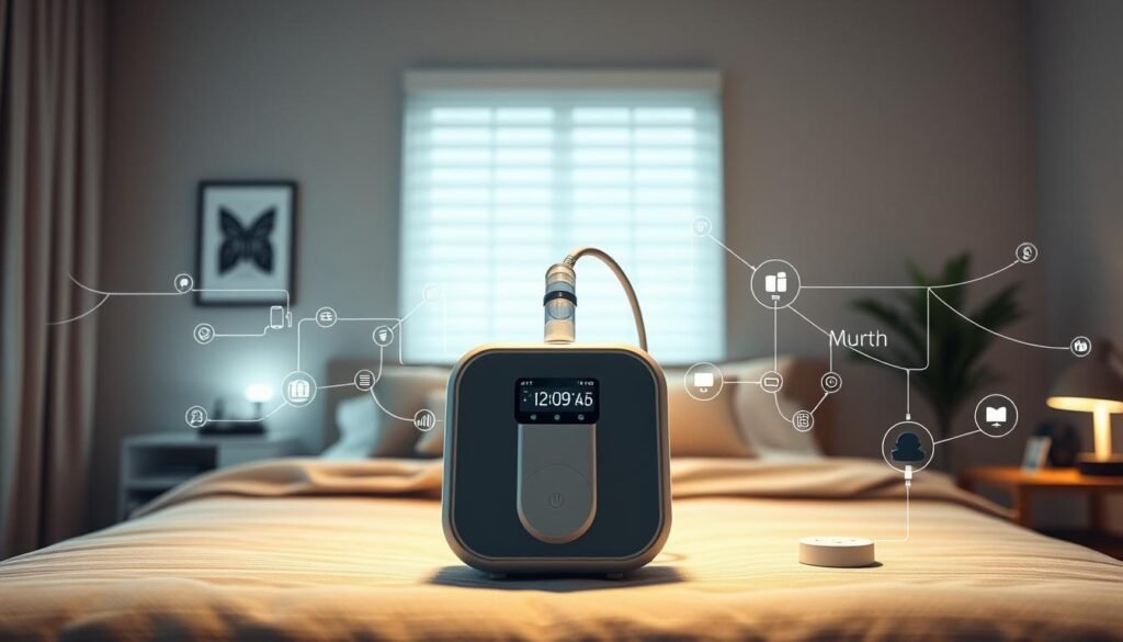 A sleek, modern iCareCPAP respiratory device seamlessly integrated with a smart home system. The device is displayed prominently in the foreground, showcasing its clean, minimalist design. In the middle ground, various IoT sensors and devices are connected, representing the integration of the respiratory machine with the broader smart home ecosystem. The background depicts a serene, well-lit bedroom setting, with subtle ambient lighting and a muted color palette to convey a calming, therapeutic atmosphere. The overall composition emphasizes the harmony between the iCareCPAP device and the connected home technology, highlighting how IoT advancements can enhance the user experience of respiratory care. A sleek, modern iCareCPAP respiratory device seamlessly integrated with a smart home system. The device is displayed prominently in the foreground, showcasing its clean, minimalist design. In the middle ground, various IoT sensors and devices are connected, representing the integration of the respiratory machine with the broader smart home ecosystem. The background depicts a serene, well-lit bedroom setting, with subtle ambient lighting and a muted color palette to convey a calming, therapeutic atmosphere. The overall composition emphasizes the harmony between the iCareCPAP device and the connected home technology, highlighting how IoT advancements can enhance the user experience of respiratory care.