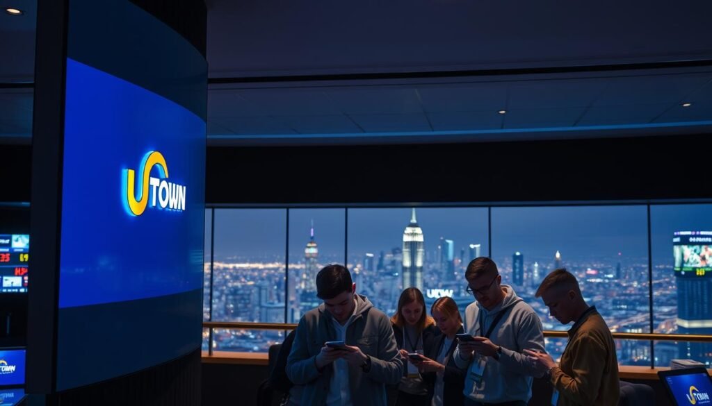 A tranquil sports betting arena with a sleek, modern aesthetic. In the foreground, a large backlit display showcases the UTown logo, casting a warm glow over the scene. The middle ground features a group of people intently studying sports statistics and odds on their mobile devices, their expressions a mix of concentration and anticipation. In the background, a panoramic view of a bustling city skyline, hinting at the high-stakes world of sports betting. The lighting is soft and directional, creating a sense of focus and intensity. The overall mood is one of calculated risk and the thrill of the game. A tranquil sports betting arena with a sleek, modern aesthetic. In the foreground, a large backlit display showcases the UTown logo, casting a warm glow over the scene. The middle ground features a group of people intently studying sports statistics and odds on their mobile devices, their expressions a mix of concentration and anticipation. In the background, a panoramic view of a bustling city skyline, hinting at the high-stakes world of sports betting. The lighting is soft and directional, creating a sense of focus and intensity. The overall mood is one of calculated risk and the thrill of the game.