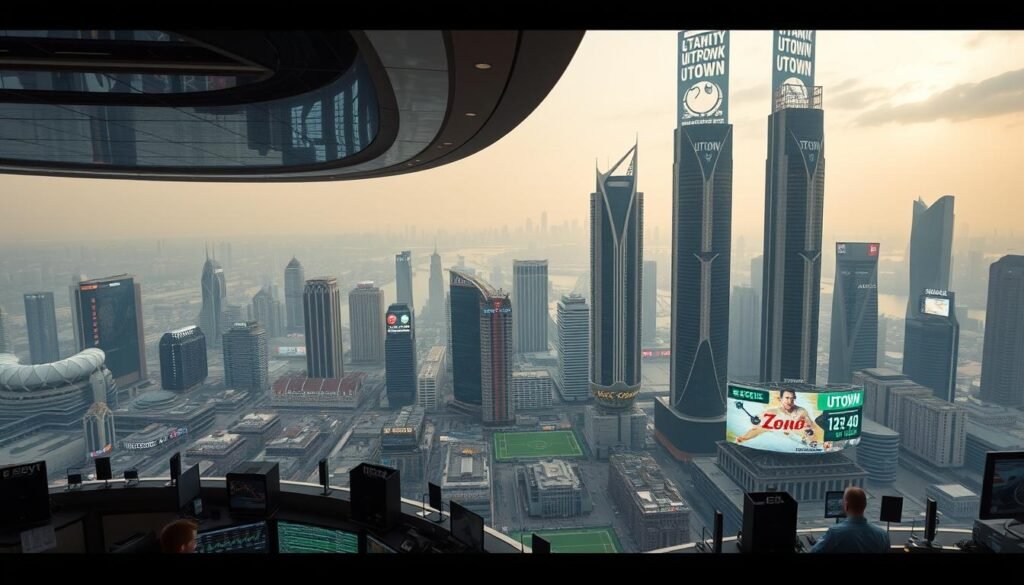 An expansive global sports betting market, a panoramic vista of towering skyscrapers emblazoned with the UTown brand, reflecting the rapid urbanization and technological advancement transforming the industry. In the foreground, a bustling trading floor with analysts poring over data, immersed in the ebb and flow of sports events worldwide. The middle ground showcases a diverse array of sports, from soccer to basketball, their logos and branding woven into the cityscape. The background fades into a hazy horizon, hinting at the untapped potential and future growth of this dynamic, fast-paced market. An expansive global sports betting market, a panoramic vista of towering skyscrapers emblazoned with the UTown brand, reflecting the rapid urbanization and technological advancement transforming the industry. In the foreground, a bustling trading floor with analysts poring over data, immersed in the ebb and flow of sports events worldwide. The middle ground showcases a diverse array of sports, from soccer to basketball, their logos and branding woven into the cityscape. The background fades into a hazy horizon, hinting at the untapped potential and future growth of this dynamic, fast-paced market.