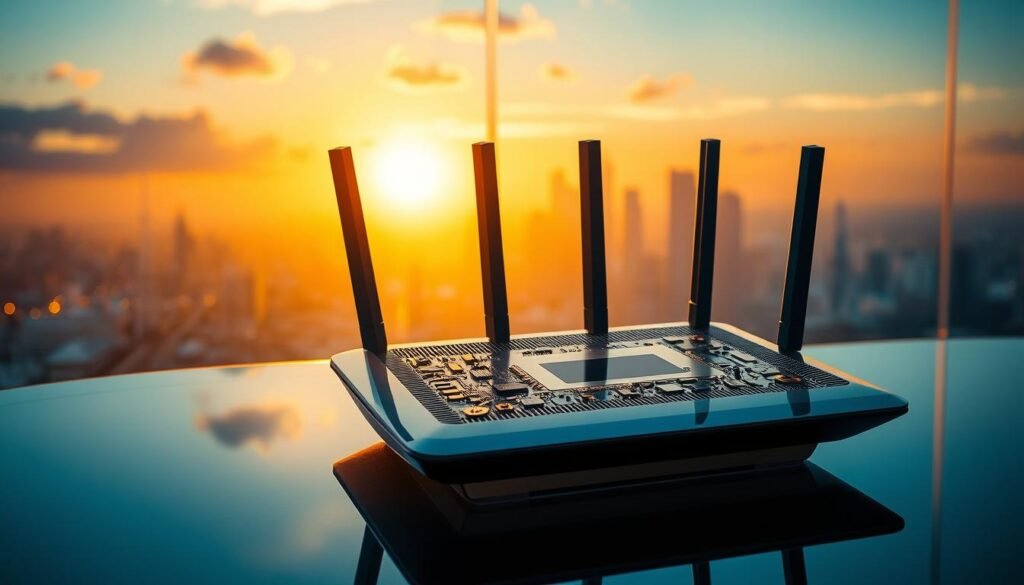 Telecombrother 5G network configuration: A sleek, modern 5G router with intricate circuit boards and antennas in the foreground, against a backdrop of a futuristic city skyline illuminated by a warm, golden sunset. The router is positioned on a minimalist, glass-topped table, casting subtle reflections. The lighting is dramatic, with a mix of directional and ambient sources, creating depth and highlighting the technical details. The overall atmosphere conveys a sense of technological advancement and connectivity, perfectly suited to illustrate the "Android手機5G Plan效能優化技巧" section. Telecombrother 5G network configuration: A sleek, modern 5G router with intricate circuit boards and antennas in the foreground, against a backdrop of a futuristic city skyline illuminated by a warm, golden sunset. The router is positioned on a minimalist, glass-topped table, casting subtle reflections. The lighting is dramatic, with a mix of directional and ambient sources, creating depth and highlighting the technical details. The overall atmosphere conveys a sense of technological advancement and connectivity, perfectly suited to illustrate the "Android手機5G Plan效能優化技巧" section.