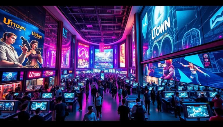 Vibrant and dynamic UTown entertainment complex, a cutting-edge destination for international online gaming enthusiasts. Soaring glass facades, neon-lit interiors, and futuristic architectural design create an immersive, high-tech ambiance. Crowds of gamers navigate the bustling concourses, engrossed in virtual worlds projected on massive screens. Sleek gaming stations and VR pods line the spacious halls, offering the latest immersive experiences. Holographic displays, interactive installations, and state-of-the-art sound systems heighten the sensory engagement. Mood lighting shifts from vivid hues to subtle tones, complementing the diverse gaming activities. An aura of excitement and innovation permeates the scene, making UTown the ultimate destination for global gaming aficionados.
