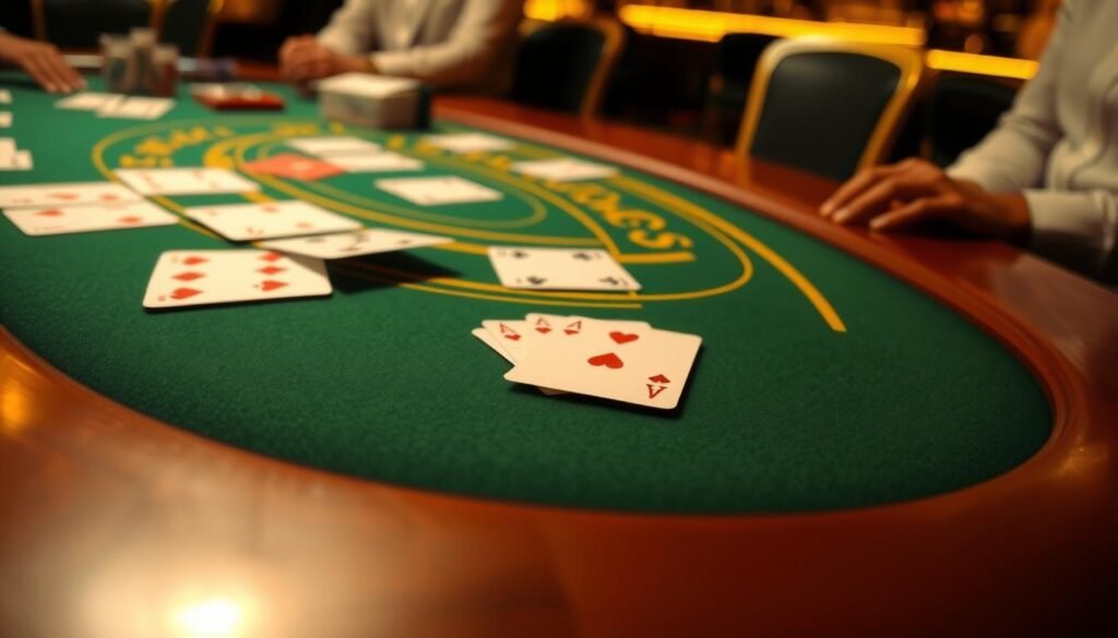 A close-up view of a casino baccarat table with a clear focus on the dealt cards and the player's hand. The table is illuminated by warm, soft lighting, creating a cozy, intimate atmosphere. The cards are arranged in a precise, orderly manner, showcasing the intricate details of the baccarat supplementary draw rules. The table surface is made of rich, polished wood, and the felt is a deep, emerald green, providing a visually striking contrast. The scene conveys a sense of strategic contemplation and the careful consideration required to understand the nuances of the baccarat supplementary draw mechanics. A close-up view of a casino baccarat table with a clear focus on the dealt cards and the player's hand. The table is illuminated by warm, soft lighting, creating a cozy, intimate atmosphere. The cards are arranged in a precise, orderly manner, showcasing the intricate details of the baccarat supplementary draw rules. The table surface is made of rich, polished wood, and the felt is a deep, emerald green, providing a visually striking contrast. The scene conveys a sense of strategic contemplation and the careful consideration required to understand the nuances of the baccarat supplementary draw mechanics.