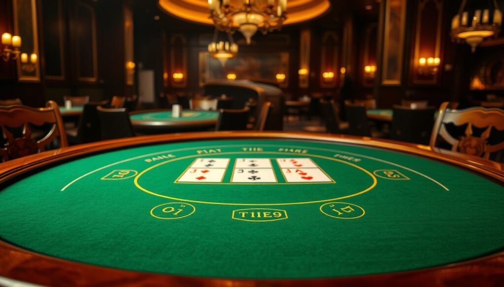 A close-up view of a traditional baccarat table in a dimly lit casino environment. The table is made of polished wood, with a green felt surface and ornate gold trim. In the center, the baccarat layout is clearly visible, including the player, banker, and tie betting areas. The table is flanked by elegant wooden chairs, and the background is filled with the hazy ambiance of a high-end gaming establishment, complete with subtle lighting and a sense of exclusivity. The overall scene conveys the sophisticated atmosphere of a baccarat game, providing a visually engaging representation of the fundamental rules and layout of this classic casino card game. A close-up view of a traditional baccarat table in a dimly lit casino environment. The table is made of polished wood, with a green felt surface and ornate gold trim. In the center, the baccarat layout is clearly visible, including the player, banker, and tie betting areas. The table is flanked by elegant wooden chairs, and the background is filled with the hazy ambiance of a high-end gaming establishment, complete with subtle lighting and a sense of exclusivity. The overall scene conveys the sophisticated atmosphere of a baccarat game, providing a visually engaging representation of the fundamental rules and layout of this classic casino card game.