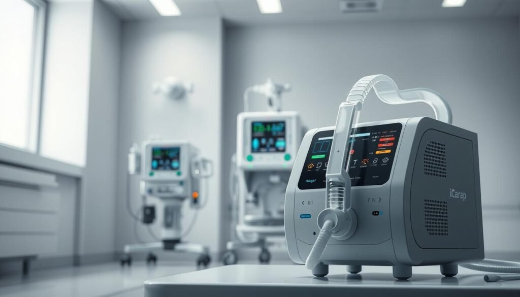 A highly detailed and realistic digital illustration showcasing a medical device setup with a sleep apnea CPAP machine and a ventilator. The iCareCPAP machine is prominently displayed in the foreground, its sleek design and LED indicators clearly visible. In the middle ground, a ventilator machine sits, its intricate components and display panels meticulously rendered. The background features a softly lit hospital room setting, with clean white walls and minimalist medical equipment. The lighting is soft and diffused, creating a calming, professional atmosphere. The overall composition emphasizes the technological sophistication and clinical utility of these essential medical devices.