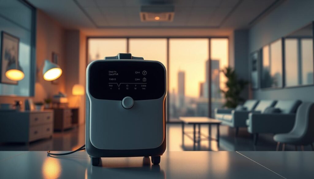 A highly detailed, photorealistic rendering of a sleek, modern sleep apnea CPAP machine, the iCareCPAP, prominently displayed in the foreground. The machine is illuminated by warm, soft lighting, casting subtle shadows that create depth and dimension. In the middle ground, a clinical-looking medical office setting with minimal, contemporary furniture and décor. The background features a blurred, out-of-focus cityscape, hinting at the integration of remote healthcare and the growing demand for sleep apnea treatment devices. The overall composition conveys a sense of innovation, technology, and the increasing necessity of sleep apnea management solutions in a connected, urban environment.