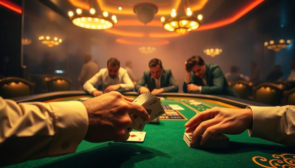 A neon-lit casino table with a green felt surface and ornate gold trim. In the foreground, a dealer's hands expertly shuffling and dealing cards, their movements captured in dynamic motion blur. In the middle ground, players lean intently over the table, their faces illuminated by the warm glow of the overhead lamps, expressions of focused intensity. The background is shrouded in a hazy atmosphere, creating a sense of mystery and excitement. The lighting is dramatic, with sharp contrasts and deep shadows, evoking the high-stakes, thrilling atmosphere of a baccarat game. The composition emphasizes the strategic elements of the game, inviting the viewer to consider the nuances of the rules and their impact on the outcome. A neon-lit casino table with a green felt surface and ornate gold trim. In the foreground, a dealer's hands expertly shuffling and dealing cards, their movements captured in dynamic motion blur. In the middle ground, players lean intently over the table, their faces illuminated by the warm glow of the overhead lamps, expressions of focused intensity. The background is shrouded in a hazy atmosphere, creating a sense of mystery and excitement. The lighting is dramatic, with sharp contrasts and deep shadows, evoking the high-stakes, thrilling atmosphere of a baccarat game. The composition emphasizes the strategic elements of the game, inviting the viewer to consider the nuances of the rules and their impact on the outcome.