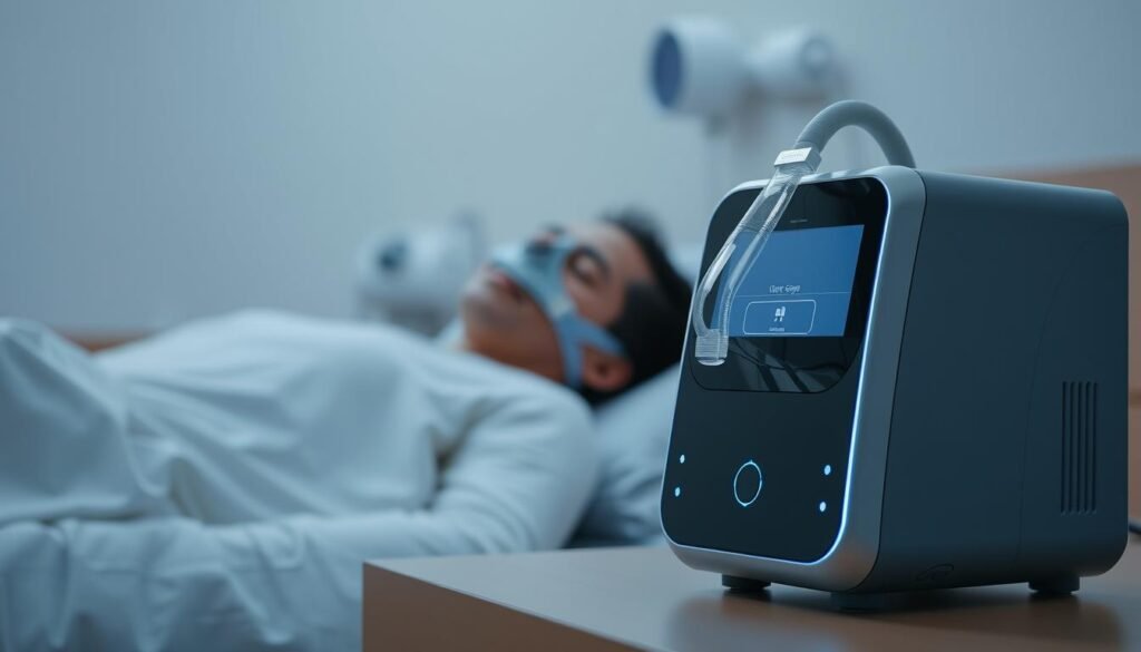 A sleek, modern iCareCPAP sleep apnea machine sitting prominently in the foreground, its minimalist design and soft LED lights creating a calming, clinical atmosphere. In the middle ground, a patient rests comfortably, their face obscured by a transparent CPAP mask, conveying the machine's essential role in providing effective, unobtrusive respiratory support. The background features a serene, minimalist medical setting, with clean lines, muted colors, and subtle medical equipment, emphasizing the device's integration into a comprehensive telemedicine solution.