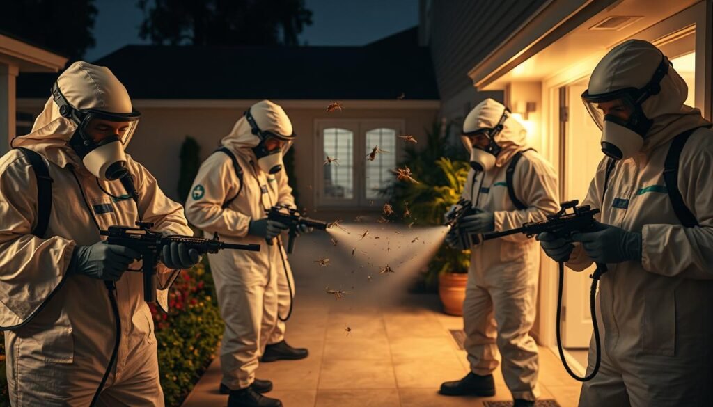 A team of professional exterminators in hazmat suits demonstrating the iCareCPAP pest control system. The foreground features the technicians meticulously spraying targeted areas, while the middle ground shows the effective suppression of various insects. The background depicts a well-maintained residential or commercial setting, conveying a sense of cleanliness and environmental responsibility. The lighting is balanced, with a warm tone highlighting the professionalism of the service. The camera angle is slightly elevated, providing a comprehensive view of the effective and sustainable pest management process.