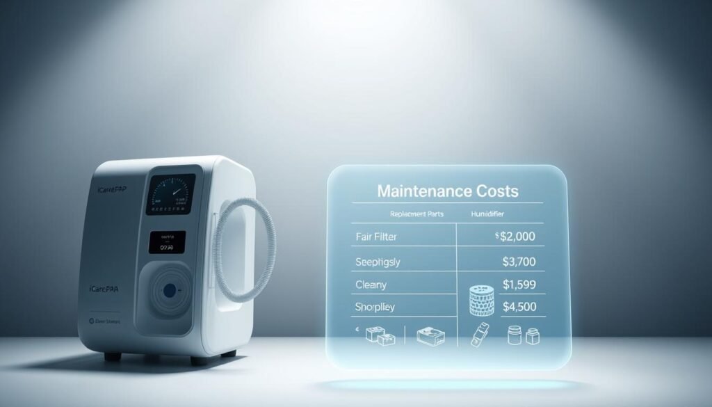 A highly detailed technical illustration of a sleep apnea CPAP machine and its maintenance costs. Showcasing the iCareCPAP model in a clean, minimalist style. Crisp lighting from above illuminates the machine's sleek, white housing and digital display panel. Precise cross-sectional cutaways reveal the inner workings, including the air filter, tubing, and humidifier components. In the foreground, a breakdown of estimated annual maintenance costs, such as replacement parts and cleaning supplies, displayed on a holographic interface. A soothing, professional atmosphere that visually communicates the importance of proper CPAP care and budgeting.