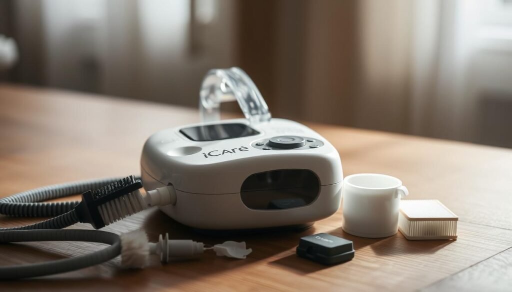 A well-maintained and clean iCareCPAP sleep apnea machine resting on a wooden surface, illuminated by soft, diffused lighting from the side. The machine is surrounded by essential maintenance tools, such as a cleaning brush, a tubing replacement, and a filter, all neatly arranged. The overall scene conveys a sense of care, attention, and the importance of proper maintenance for the efficient and reliable operation of the device, which is essential for the user's health and well-being.