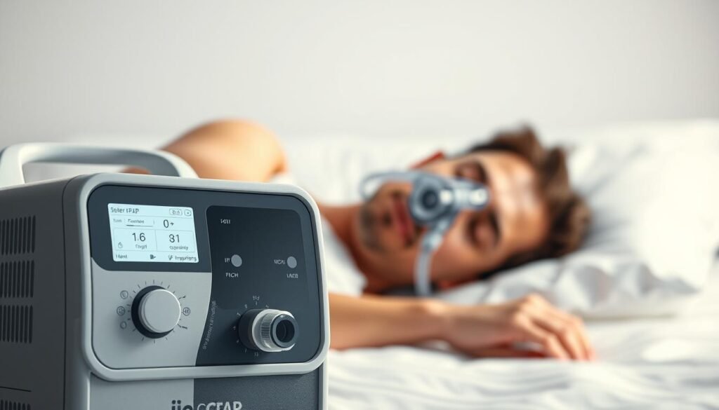 A well-lit, detailed rendering of an iCareCPAP respiratory device and sleep apnea machine in the foreground, against a clean, white background. The machine should have a sleek, modern design with intuitive controls and a clear display panel. In the middle ground, a person sleeping comfortably while wearing the machine's face mask, conveying the device's effectiveness in improving sleep quality and respiratory health. The overall scene should have a calming, reassuring atmosphere, highlighting the positive impact of these medical technologies on the user's well-being.