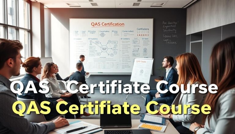 A professional training environment showcasing a "QAS Certificate Course" focused on foundational security knowledge. In the foreground, a diverse group of individuals dressed in smart professional attire engaged in a collaborative discussion, surrounded by various training materials such as brochures and laptops. In the middle ground, a large, well-lit classroom setup with chairs arranged in a semi-circle, a whiteboard filled with key security concepts, and interactive elements like diagrams and charts that illustrate core terminology. The background features large windows with natural light streaming in, creating an inviting and focused atmosphere. The overall mood is one of motivation and empowerment, emphasizing the importance and purpose of the QAS certification course in developing essential security skills.