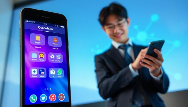 A sleek, modern technology concept image depicting the idea of South Korea's eSIM recommendation service, focusing on OceanEsim. In the foreground, a smartphone displaying a vibrant mobile interface with clear icons representing various mobile services. In the middle ground, a happy, professional-looking young adult in business casual attire, interacting with the smartphone, possibly showing satisfaction with the service. The background features subtle hues of blue and green, resembling digital connectivity, with abstract shapes representing data flow and connectivity. Soft, diffused lighting enhances the tech-savvy atmosphere, while a slight tilt from a low angle captures the excitement of the digital world, creating an engaging, inviting mood.