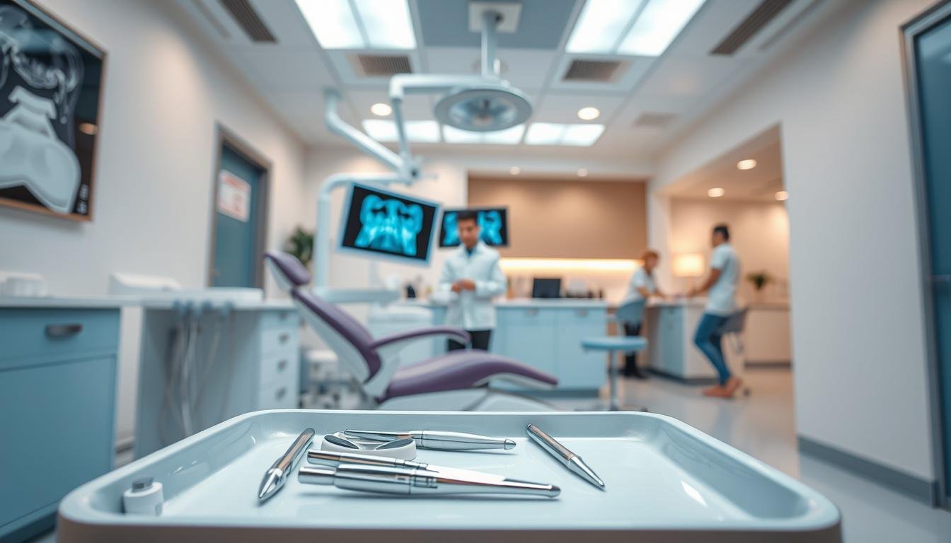 A dental clinic scene set in "香港杜牙根診所", focusing on the preparation for pulpitis treatment. The foreground features a clean and modern dental exam room, with dental tools neatly arranged on a tray. A comfortable dental chair is positioned under bright, clinical lighting, showcasing a vibrant, calming color palette. In the middle, a dentist in professional attire examines X-ray images on a display screen, conveying expertise and readiness. The background shows a well-organized reception area with friendly staff attending to patients. The mood is professional yet reassuring, highlighting the importance of patient care and preparation prior to treatment. The angle captures an inviting view that emphasizes the clinic's commitment to comfort and safety.