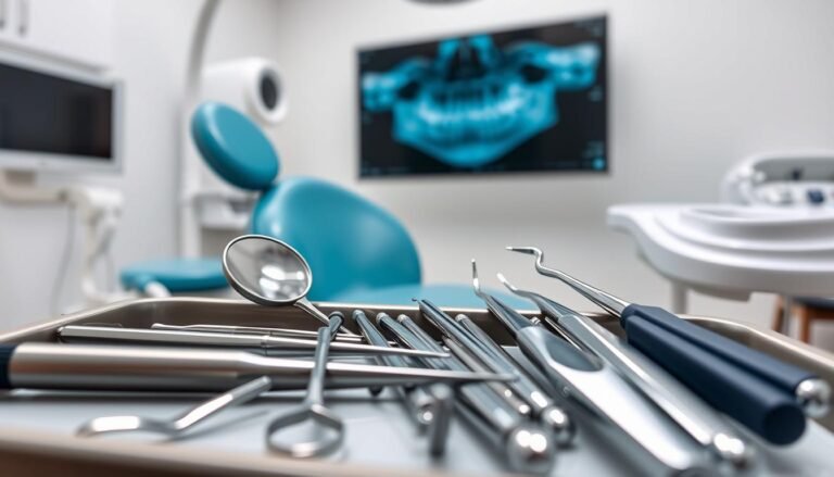 A detailed dental examination setup showcasing a variety of dental tools arranged neatly on a clinical tray. In the foreground, focus on high-quality instruments like dental mirrors, probes, and scalers, gleaming under bright, sterile lighting. The background features a soft-focus dental chair and a panoramic dental X-ray image on the wall, creating a professional clinic atmosphere. The scene is well-lit, emphasizing cleanliness and precision, captured from a slightly elevated angle to showcase the tools clearly. The mood is calm and reassuring, suitable for patients seeking dental care, emphasizing the importance of dental hygiene and examination for chronic disease patients.