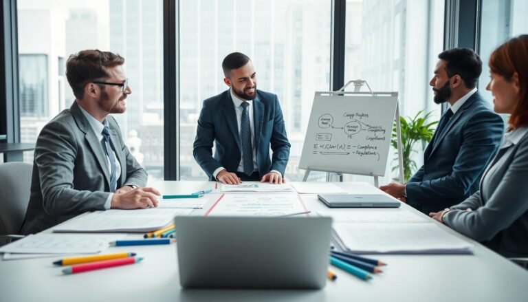 A modern office environment showcasing a business meeting. In the foreground, a diverse group of professionals in business attire—two men and two women—engaged in a discussion around a table covered with documents, charts, and a laptop, emphasizing corporate compliance management. In the middle ground, a whiteboard with diagrams illustrating the relationship between company registration processes and compliance regulations, filled with colorful markers. The background features large windows allowing natural light to flood the space, creating a bright and inviting atmosphere. The mood conveys a sense of collaboration and professionalism, symbolizing the importance of corporate compliance management in company establishment. The camera angle is slightly elevated, capturing the entire scene with clarity and focus.