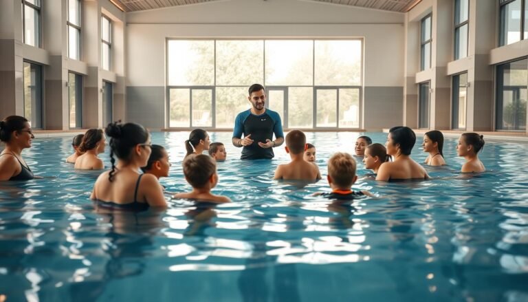 A serene indoor swimming class environment, showcasing a well-lit swimming pool area with calm water. In the foreground, a group of diverse adults and children of various ethnicities are engaged in swimming lessons, all dressed in modest swim attire. In the middle ground, an instructor wearing professional swim coaching attire interacts with the students, demonstrating safe swimming techniques. The background features clear glass windows allowing natural light to flood in, creating a bright and inviting atmosphere. Soft reflections on the water add a touch of tranquility. The overall mood conveys a sense of safety, professionalism, and focus on privacy and personal data protection, aligning with the theme of privacy policies in a swimming program.