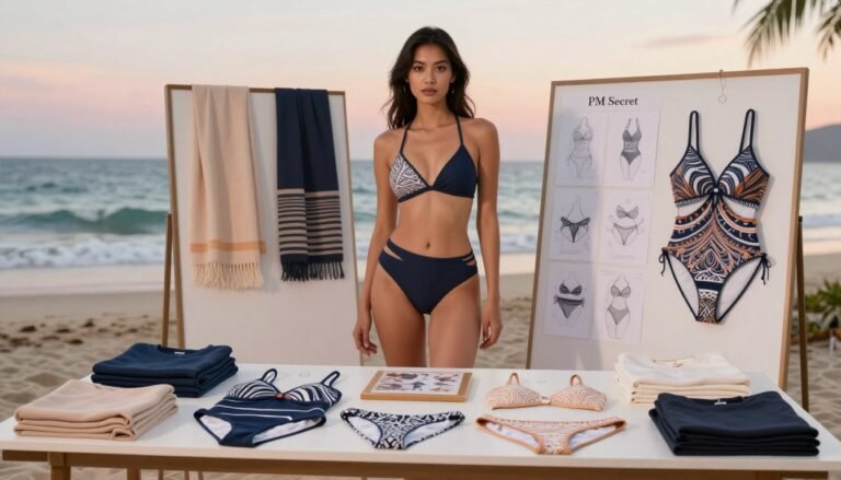 A sophisticated display of PM Secret swimwear designs, showcasing unique styles and materials suitable for Asian women. In the foreground, a table elegantly arranged with diverse swimwear pieces, emphasizing intricate patterns and textures, carefully folded and presented. In the middle ground, a beautiful model in professional swimwear attire stands confidently, embodying grace and style, surrounded by elegant displays of fabric swatches and design sketches that highlight the collection's unique features. The background is softly blurred, featuring a serene beach setting with gentle waves and a pastel sunset, creating a calming atmosphere. The lighting is warm and natural, enhancing the colors of the swimwear and fabrics, capturing both the aesthetic and the stylish innovation of PM Secret’s designs.